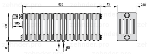 Схема (чертеж) Радиатор Zehnder Charleston 6030/18 №V007 Белый глянцевый RAL 9016